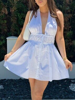 Zara White Halter Plunging V-Neck Smocked Mini Bridal Sundress